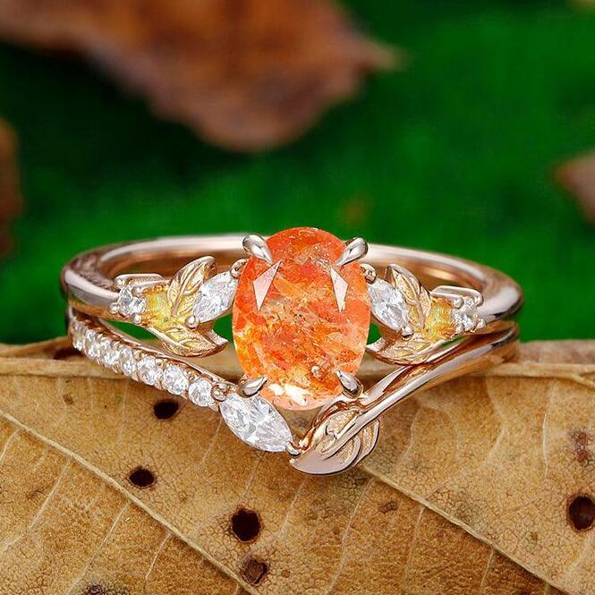 Vintage Sunstone engagement ring good set leaf flower alternative ring white gold art deco promise ring unique narure inspired anniversary ring