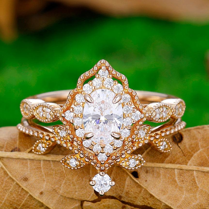 Artsy Prongs Moissanite Floral Engagement Ring Set Bridal Wedding