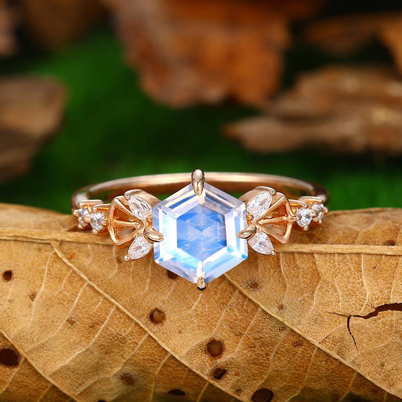 Vintage Leaf Design Moonstone Engagement Ring Set Art Deco Moonstone Wedding Ring Set Hexagon Shaped Moonstone offers Bridal Anniversary Ring Set