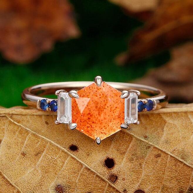 Art Deco Orange Sapphire Engagement Ring Set Rose Gold selling Orange Sapphire Wedding Anniversary Ring Set Vintage 3 Piece Bridal Ring Set For Her