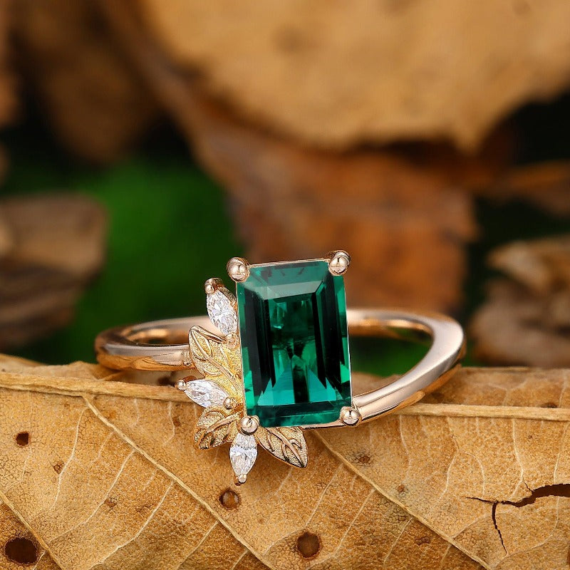 Emerald Cut 14k Rose Gold Vintage Emerald Gold Engagement Ring