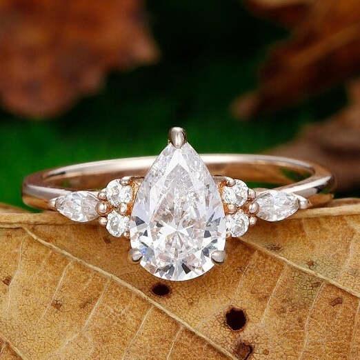 Moissanites Cluster Engagement Ring Prong Set Pear Cut