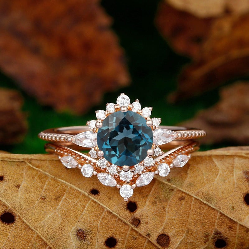 Floral London Blue Topaz Ring Oval Topaz Engagement Ring London Topaz Floral Halo Ring Dainty Topaz Anniversary Gift Vintage factory Topaz 14K Ring.