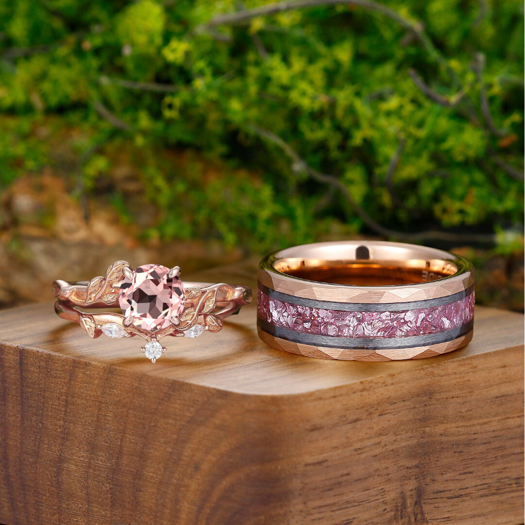 Noble Pink Morganite Blade Engagement Couple Rings Matching Pink - Technical View