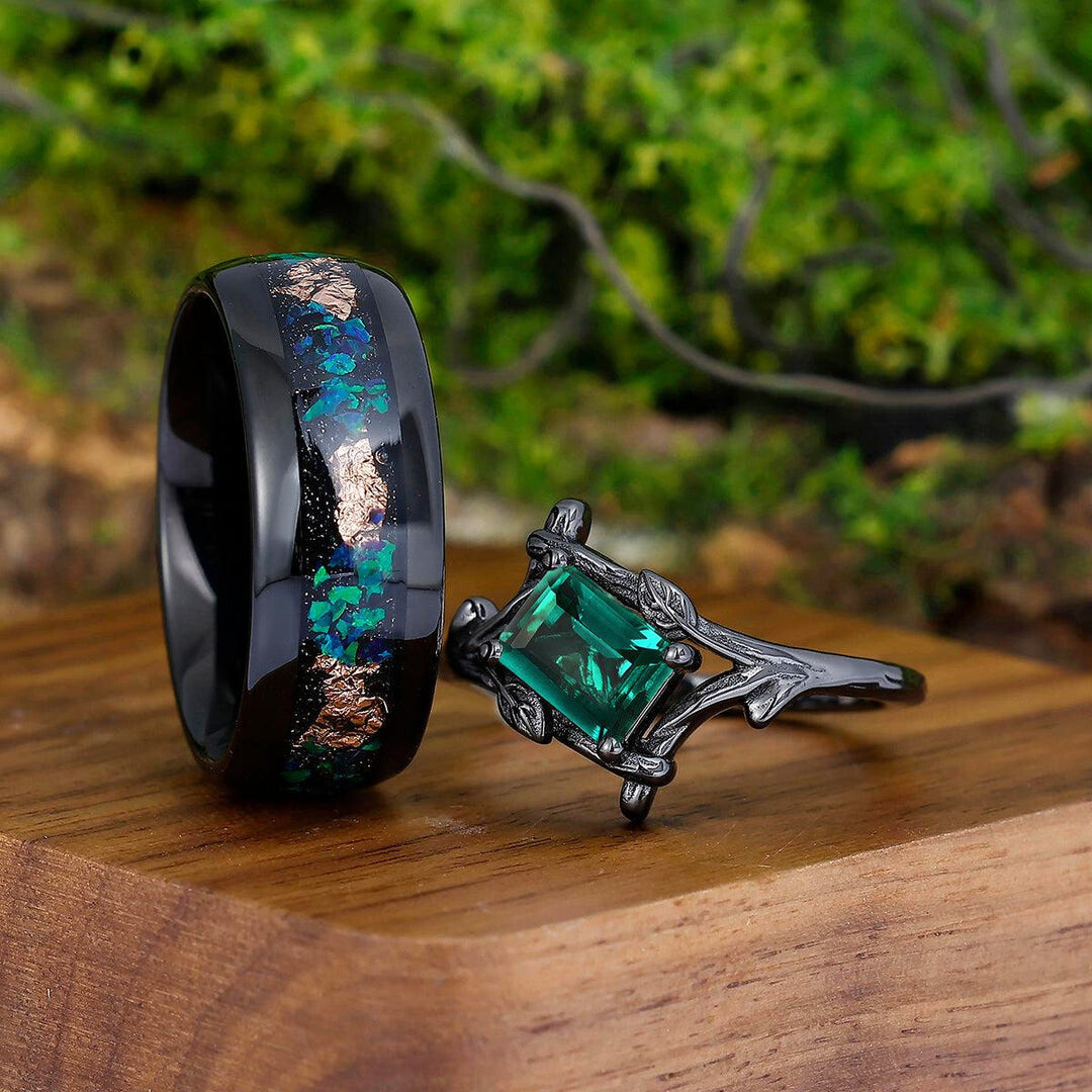 Solitaire Emerald Branches Promise Rings for Couples Peacock Green