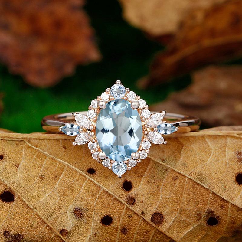 Unique Oval Cut Aquamarine Ring All Around Inlaid Moissanite