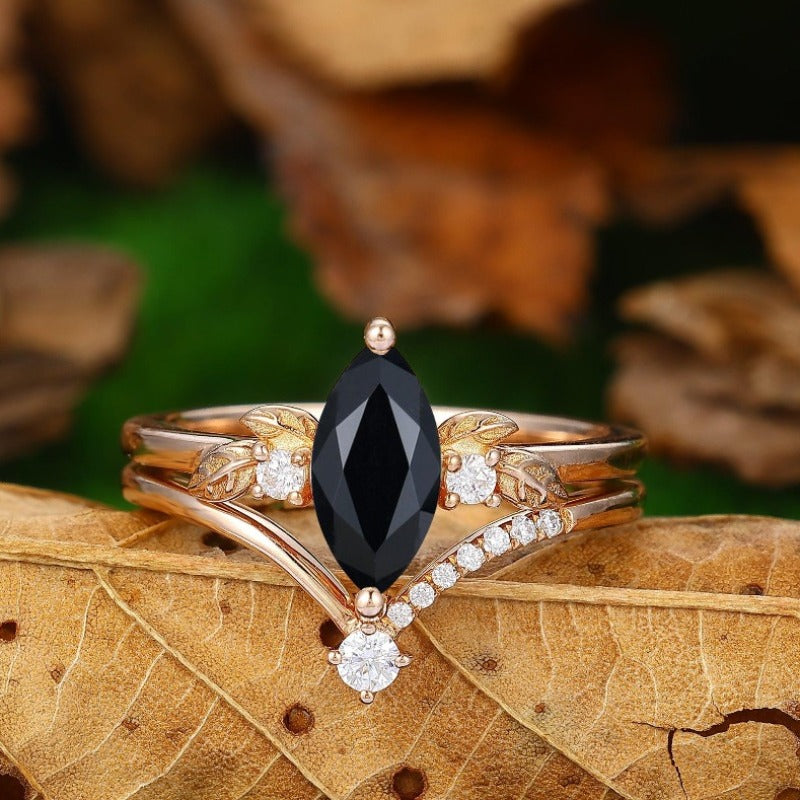 Unique Marquise Black Onyx Leaf Ring Art Deco Black Gemstone