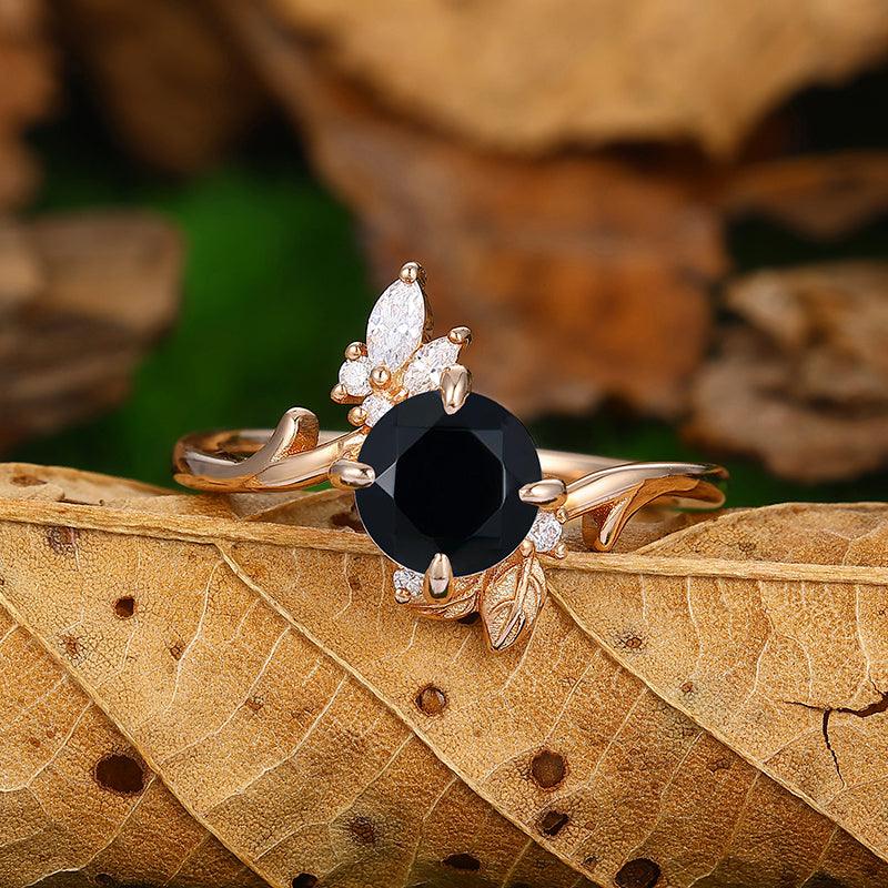 Vintage CT Round Cut Black Onyx Rose Gold Art Deco Leaf Ring