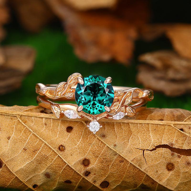 Vintage Round Cut Natural Leaf Emerald Ring Set 10k Rose