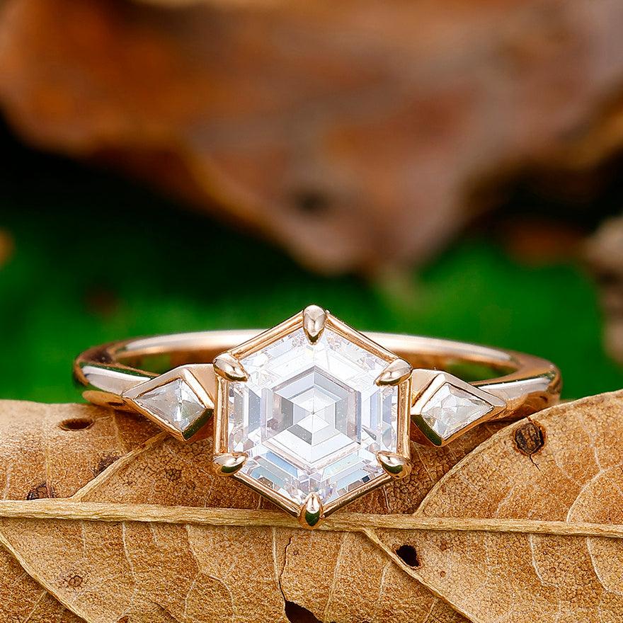 Vintage Hexagon Cut Moissanite Inlaid Engagement Ring Women