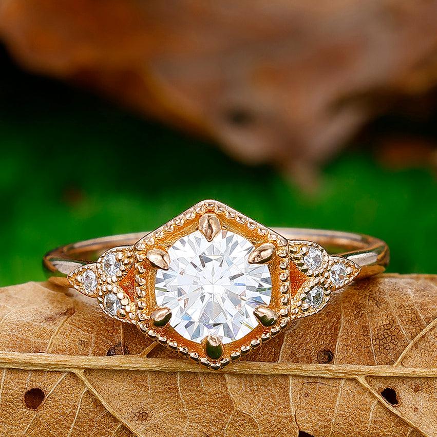 Vintage 1CT Round Cut Moissanite Engagement Ring For Women Gift