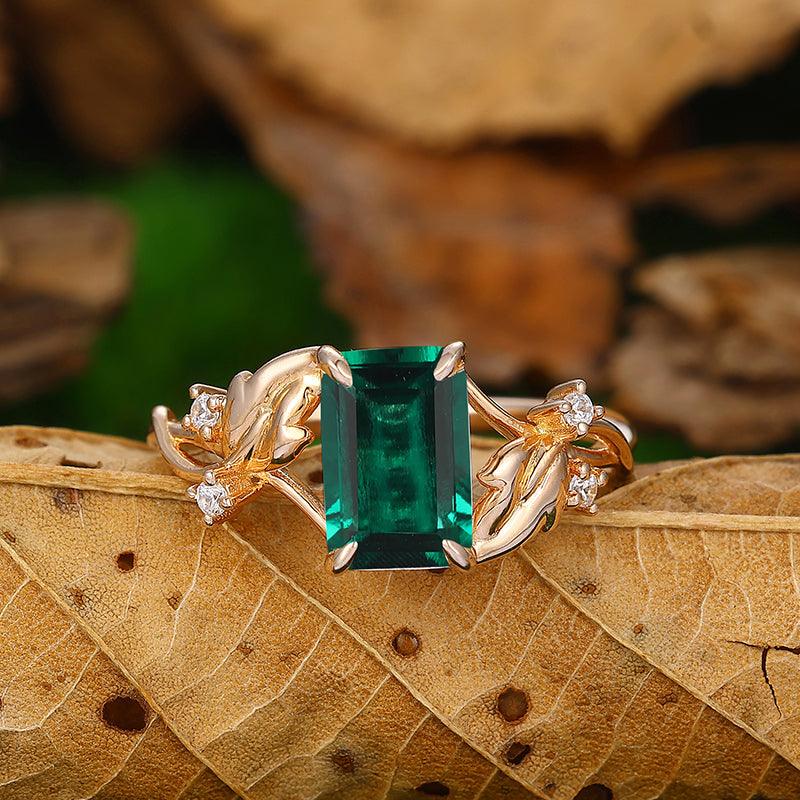 Emerald Cut Leaf Emerald Ring Oval Emerald Ring Stack Gold Vintage