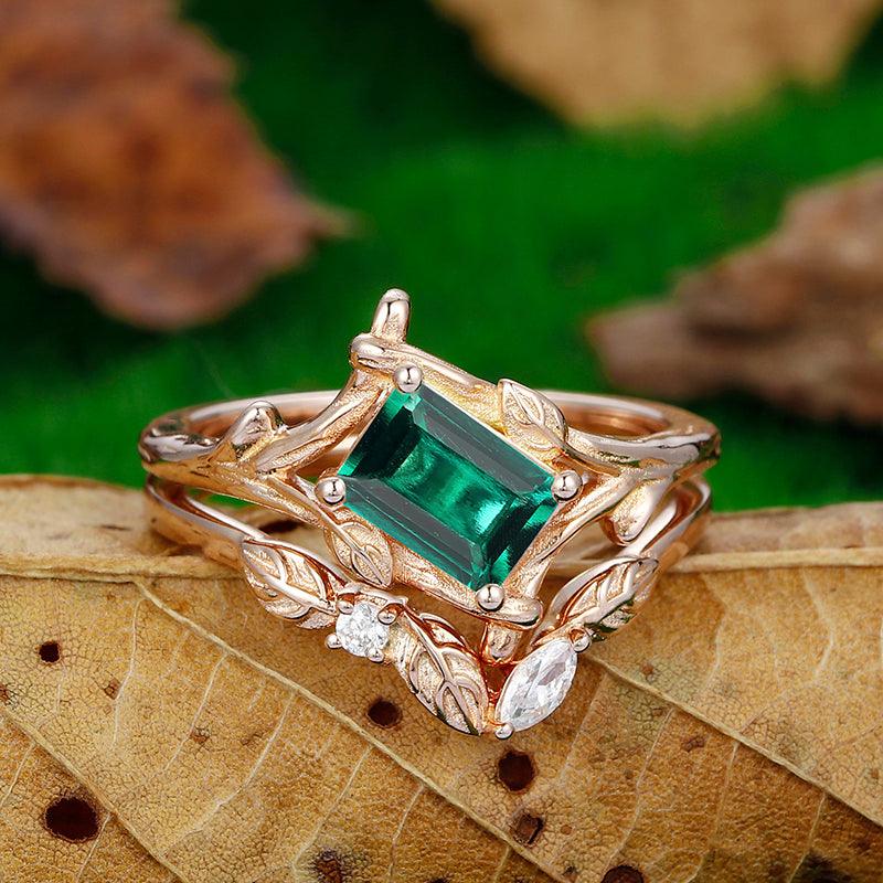 Vintage Bezel Set Emerald Cut Natural Leaf Vines Emerald Ring Set