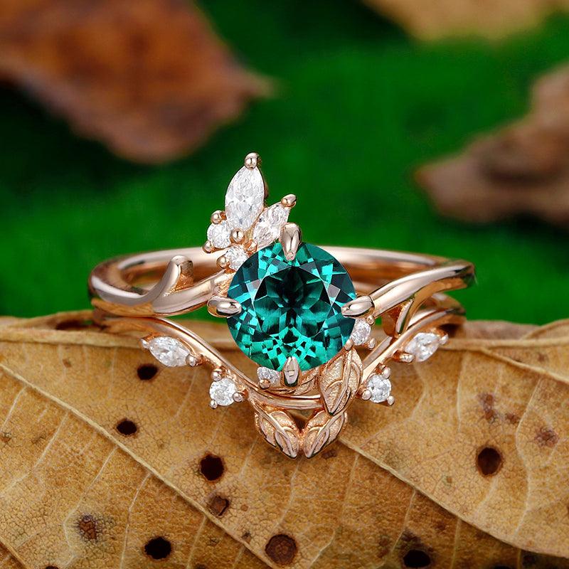 Moissanite Ring Marquise Cut Emerald Engagement Ring Vintage Round