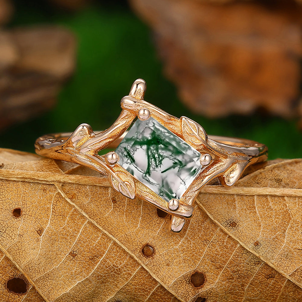 1 Carat Vintage Natural Moss Agate Wedding Promise Ring Antique Bridal Ring Leaf Branch Ring