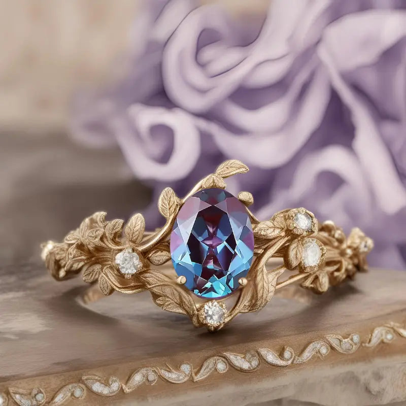 Alexandrite Engagement Ring Showing Color Change Blue to Purple Oval Gemstone in Vintage Gold Setting