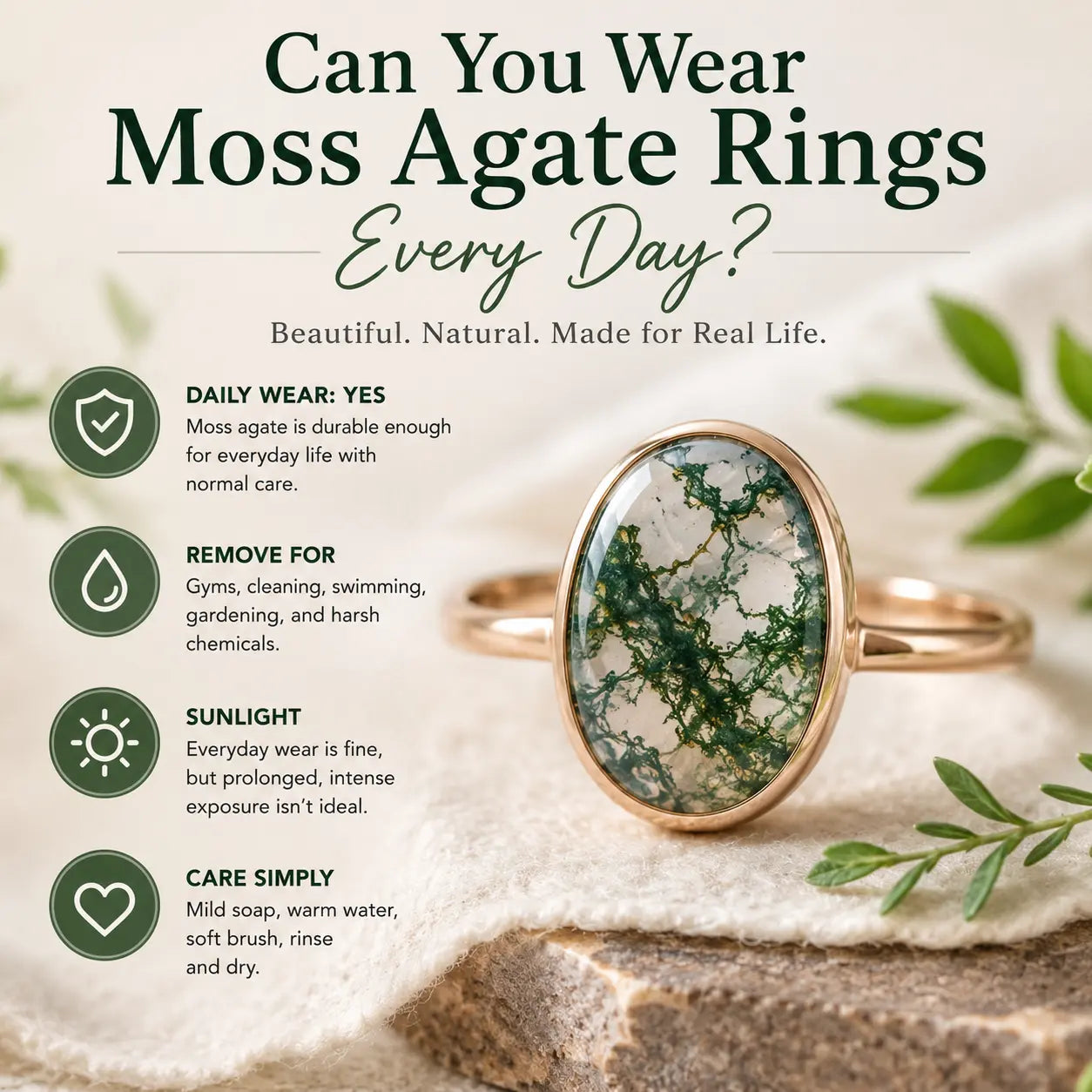Moss agate ring for everyday wear with care tips for cleaning, sunlight, chemicals and physical activities