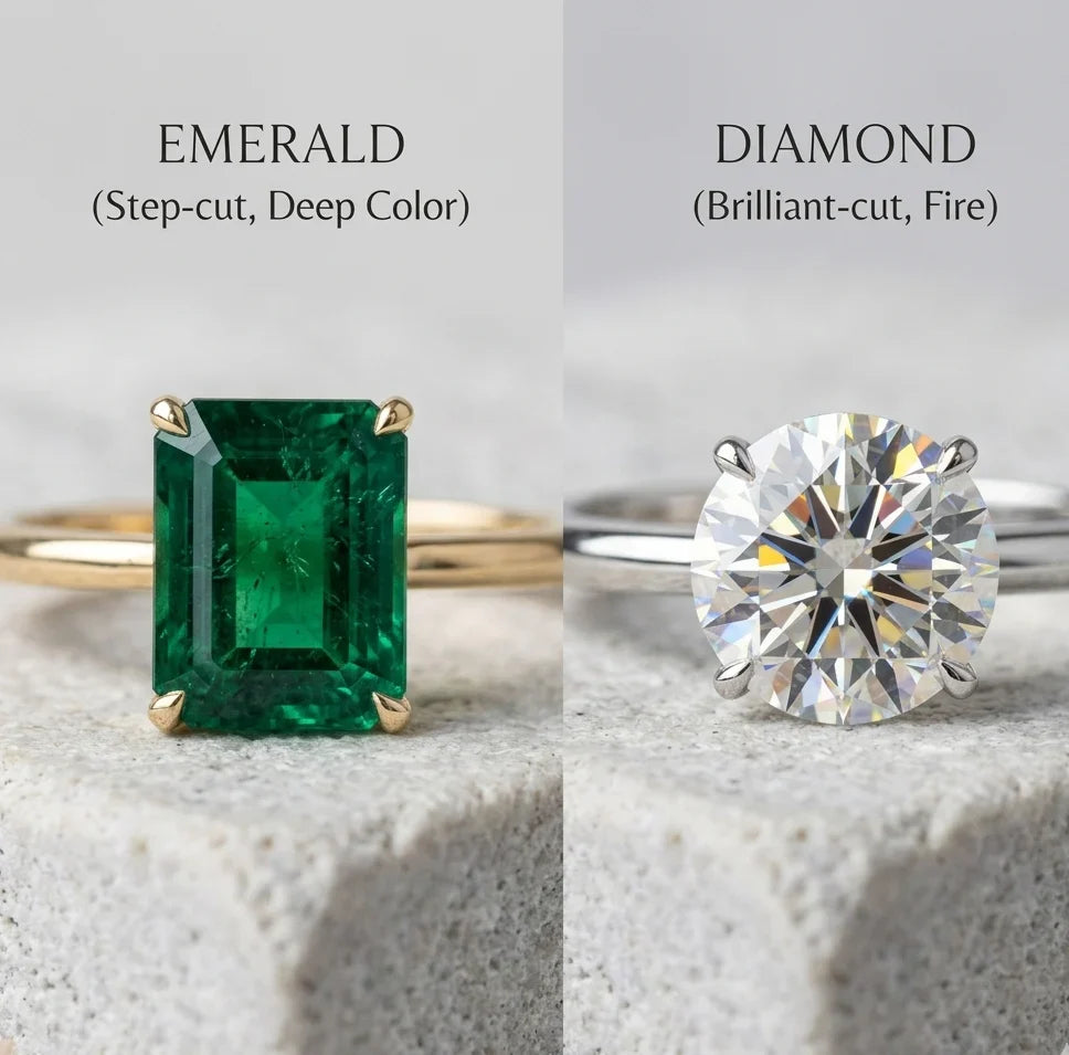 A split-screen comparison of an emerald-cut emerald (left) showing its deep green color and Jardin inclusions, and a round brilliant-cut diamond (right) exhibiting intense fire and light dispersion.