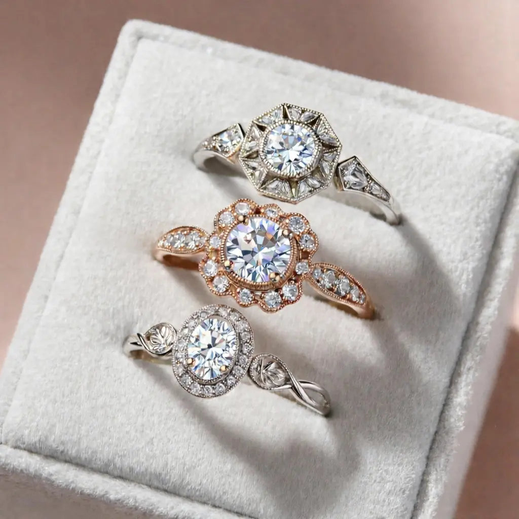 Three vintage-inspired moissanite engagement rings in silver and rose gold displayed on a white velvet ring holder.