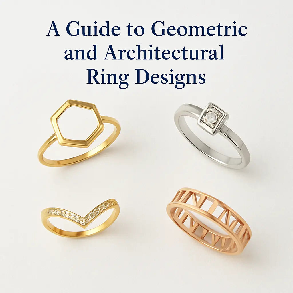 Geometric and architectural-inspired rings featuring bold shapes and structured designs, symbolizing modern artistry in jewelry