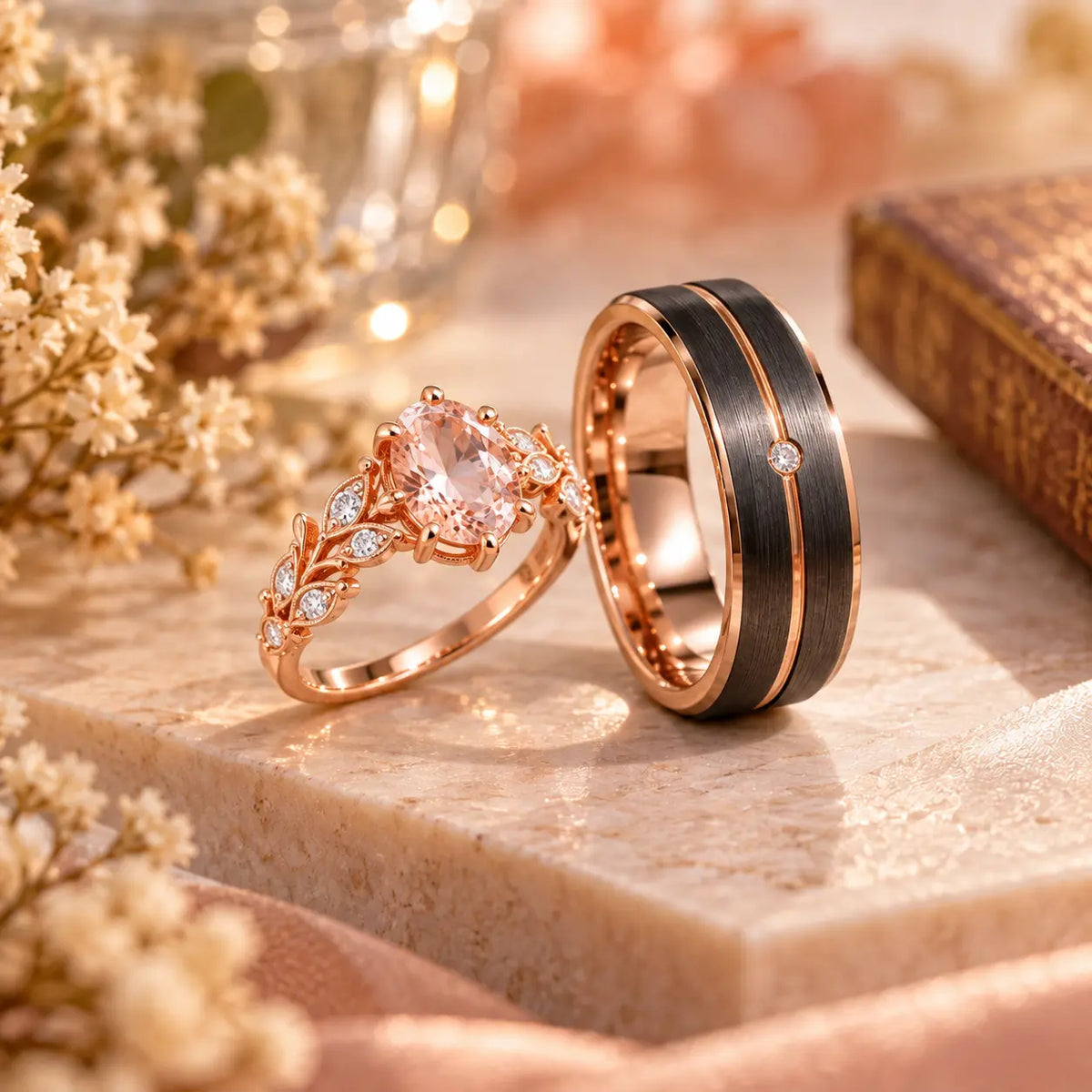 **ALT text:** Rose gold vintage-inspired moissanite engagement ring paired with a matte black tungsten wedding band, showing how different ring styles can share a cohesive design detail.