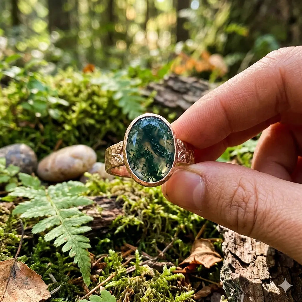 Feature image for '7 Things to Check Before You Buy a Moss Agate Ring', showing a close-up examination of a natural stone ring with distinct, unique forest-like inclusions, positioned in a rustic woodland environment.