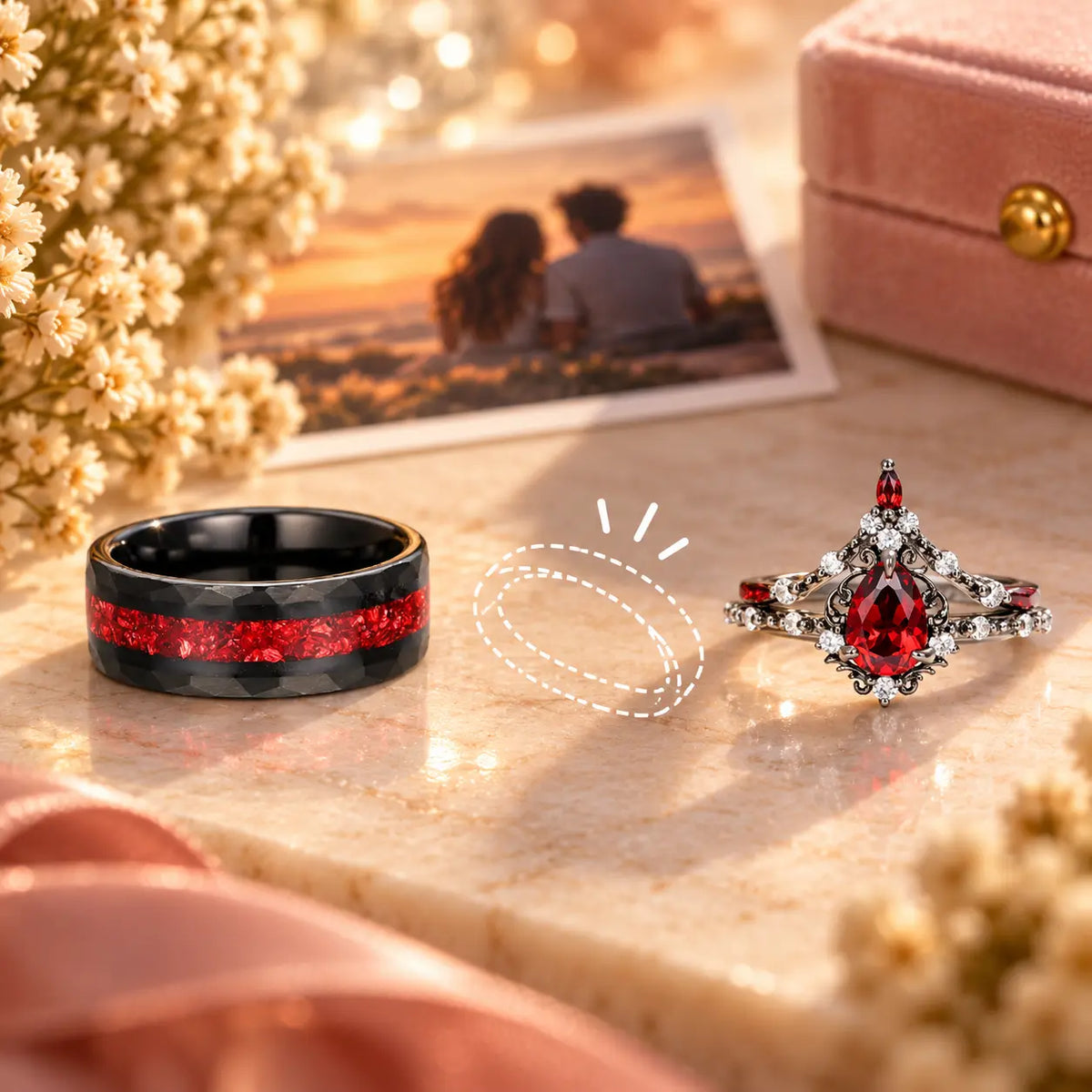 Black tungsten couple ring with a red crushed-stone inlay paired with an ornate silver ring set featuring a deep red pear-shaped gemstone, illustrating how to replace one lost couple ring.