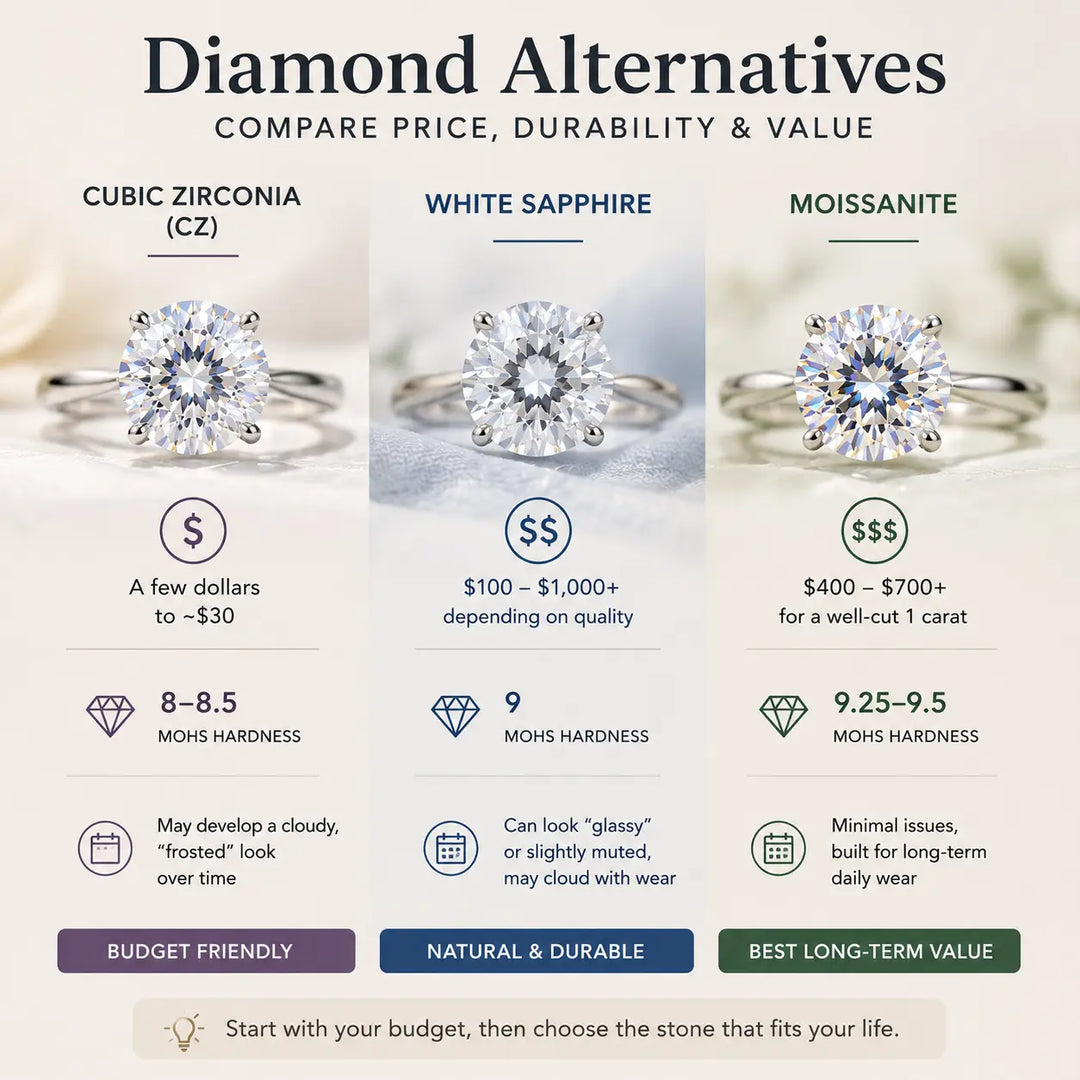 Moissanite vs. White Sapphire vs. Cubic Zirconia: Which Fits Your Budget?
