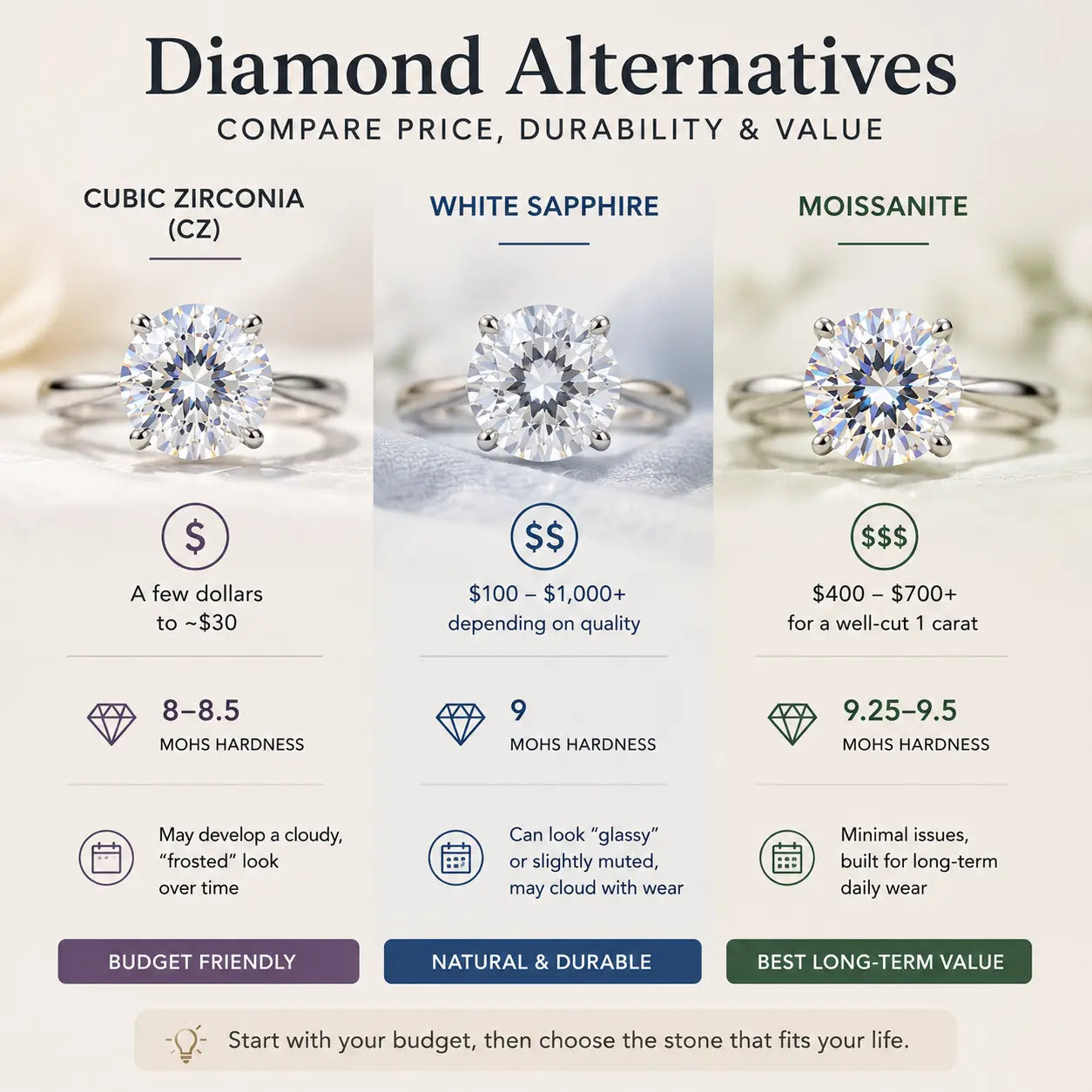 **Alt text：** `Cubic zirconia vs white sapphire vs moissanite comparison by price, durability and long-term value`