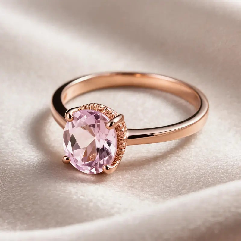 Rose gold ring with a round-cut pink gemstone on a soft satin background