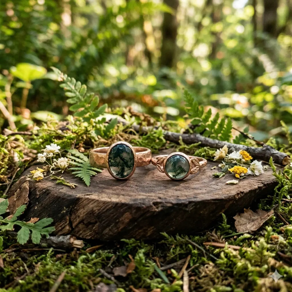 Feature image for a moss agate couple rings matching sets guide, displaying a two-piece solid gold matching ring set with distinctive green dendritic inclusions, centered on a rustic wood slice in a lush forest environment.