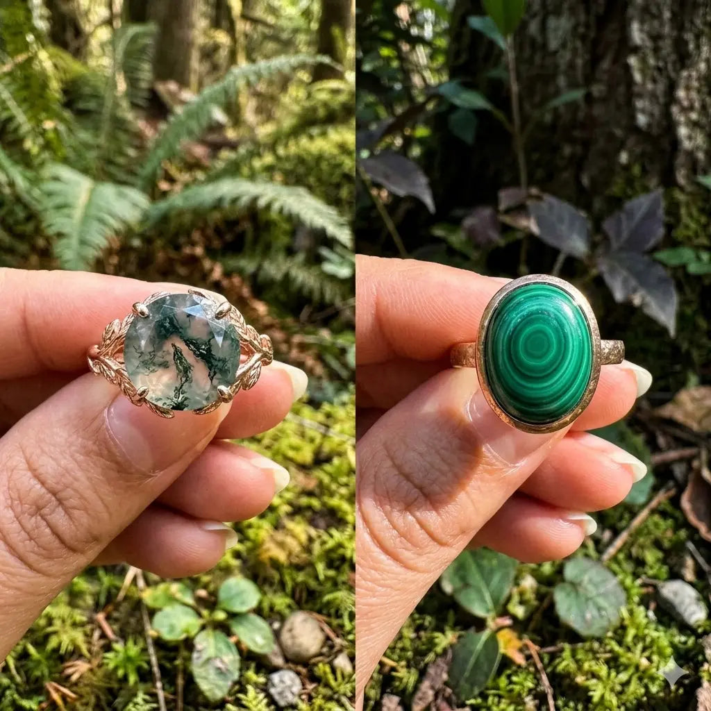 A two-piece photo comparing a natural light hand-held moss agate engagement ring with leaf and vine motifs on the left, to a rich green malachite cabochon bezel ring on the right, both held over a lush forest moss and fern background.