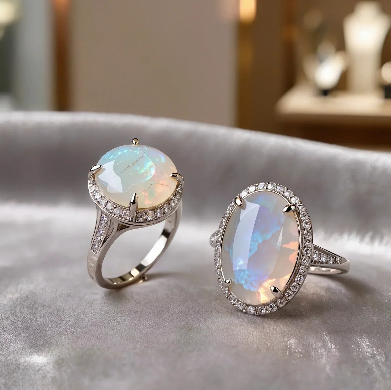 Close-up of ethereal opal and moonstone engagement rings with sparkling pave bands on a soft velvet display.