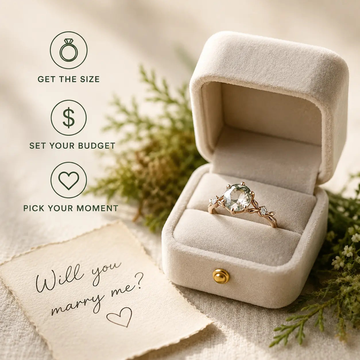 Engagement ring in a velvet ring box with a proposal planning checklist for ring size, budget, and timing