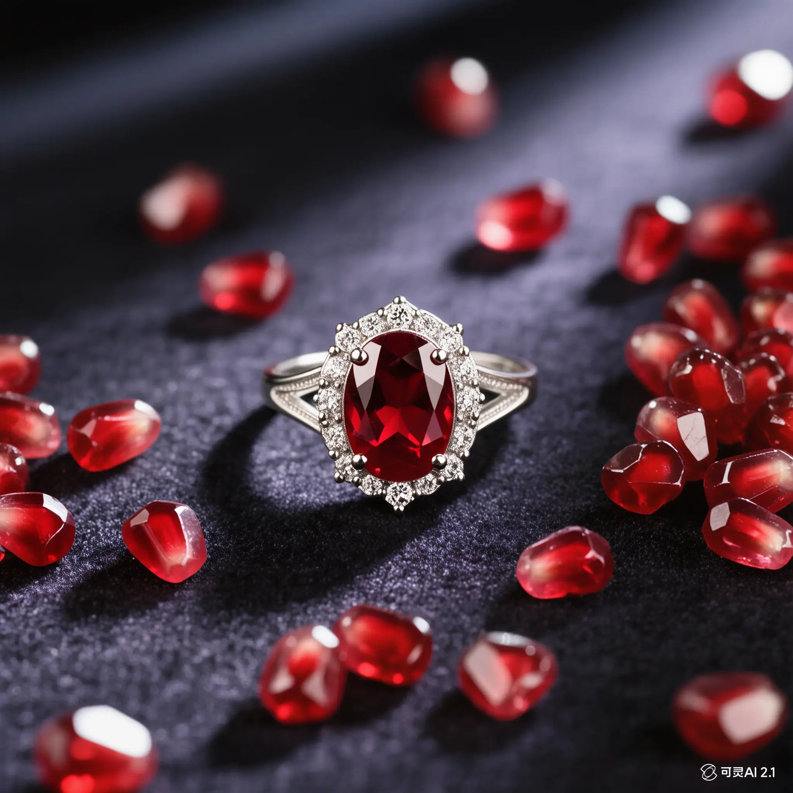 Red garnet engagement ring in sterling silver with diamond accents, surrounded by loose gemstones.