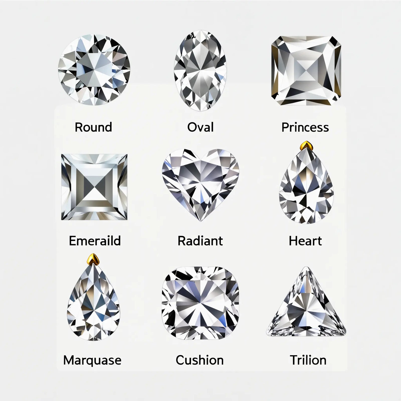 Diagram of nine diamond shapes: round, oval, princess, emerald, radiant, heart, marquise, cushion, and trillion cut diamonds