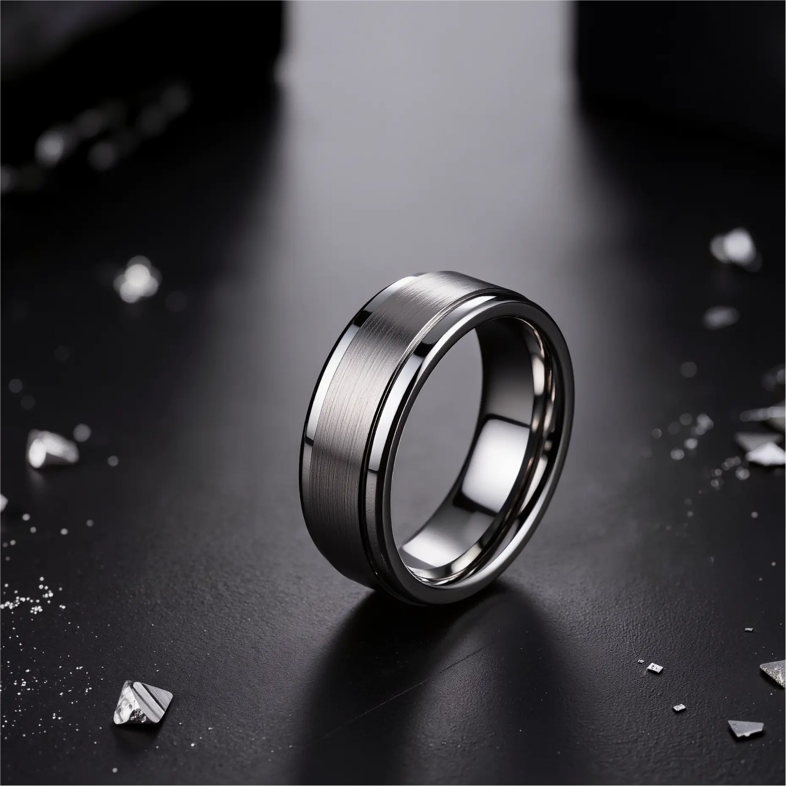 Brushed tungsten ring with a polished edge displayed on a light surface
