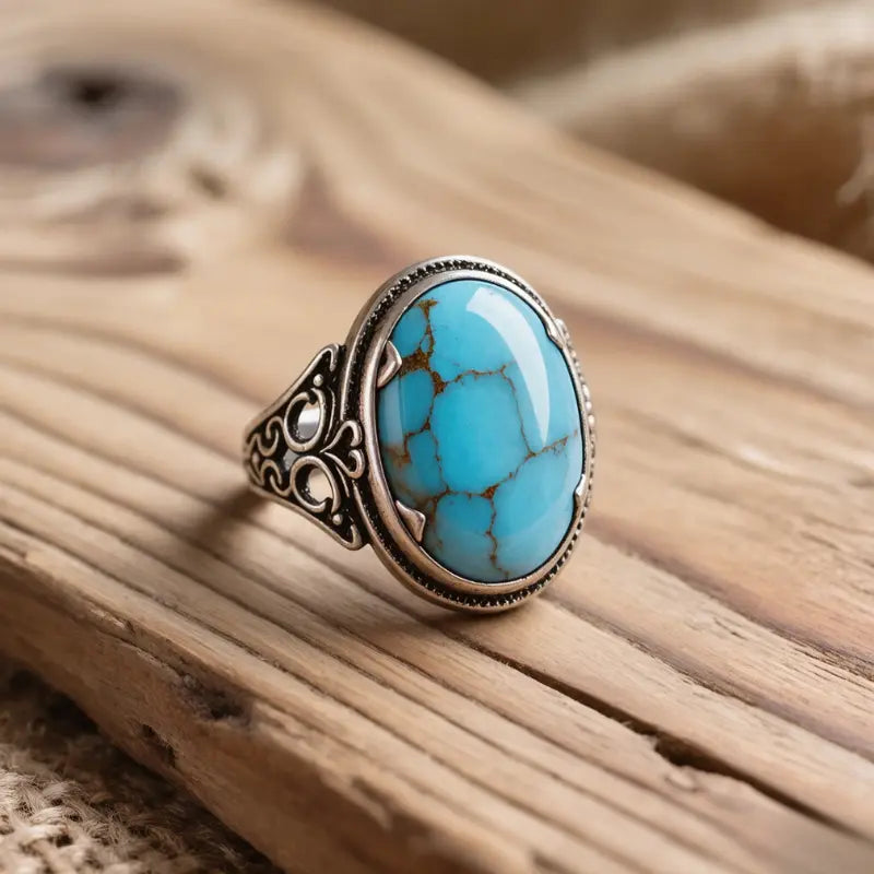 Vintage oval turquoise ring in filigree sterling silver setting on wooden background.