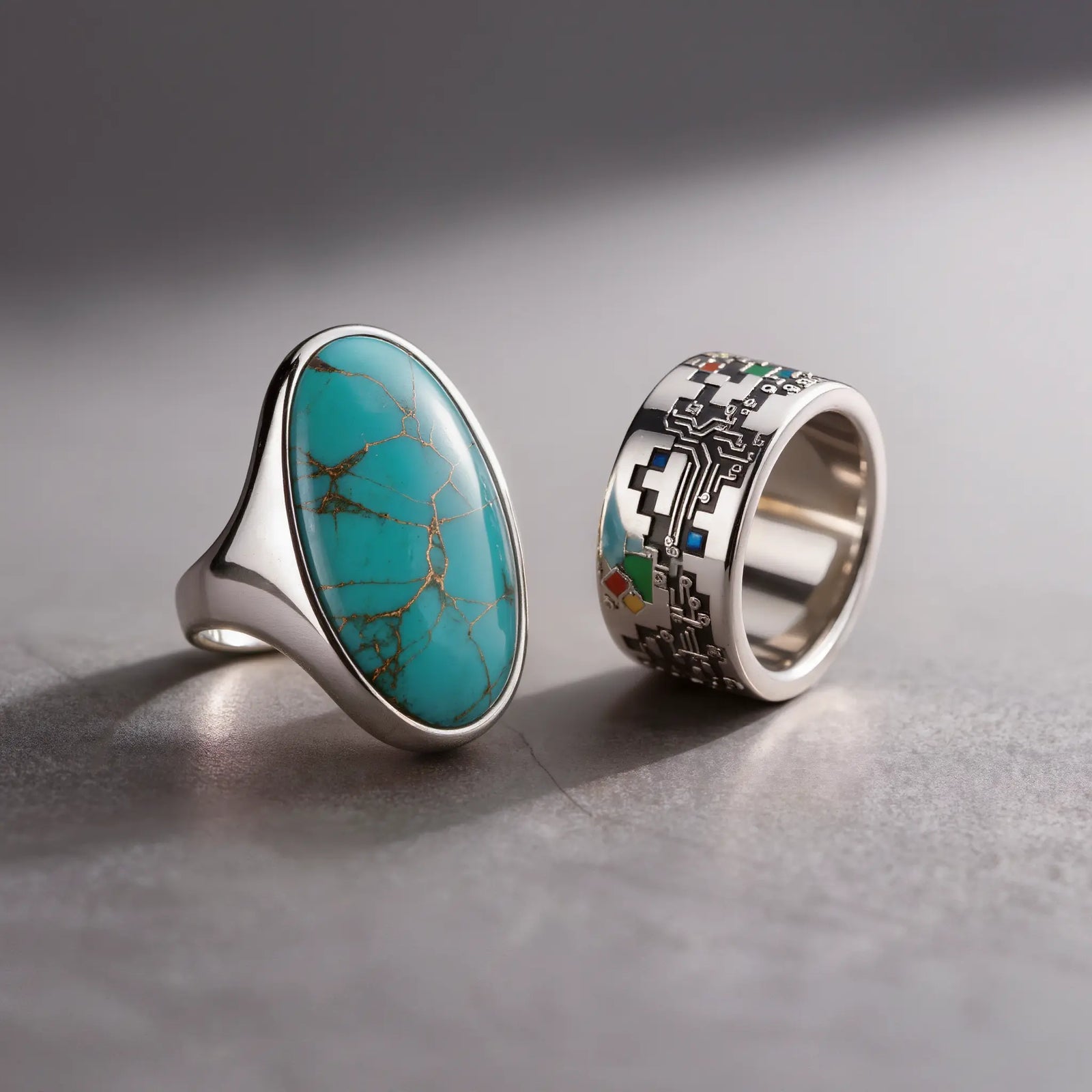 Turquoise vs Glitched Rings Comparison Showing Natural Stone and Digital Inspired Ring Designs