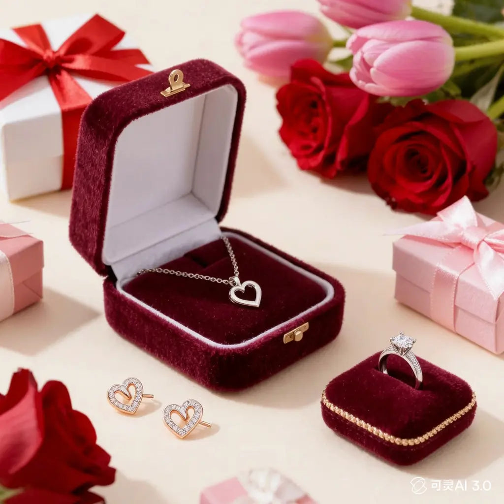 **ALT text:** Romantic Valentine’s Day jewelry display featuring a heart necklace, heart-shaped earrings, and a diamond engagement ring in velvet ring boxes surrounded by roses and gift boxes.