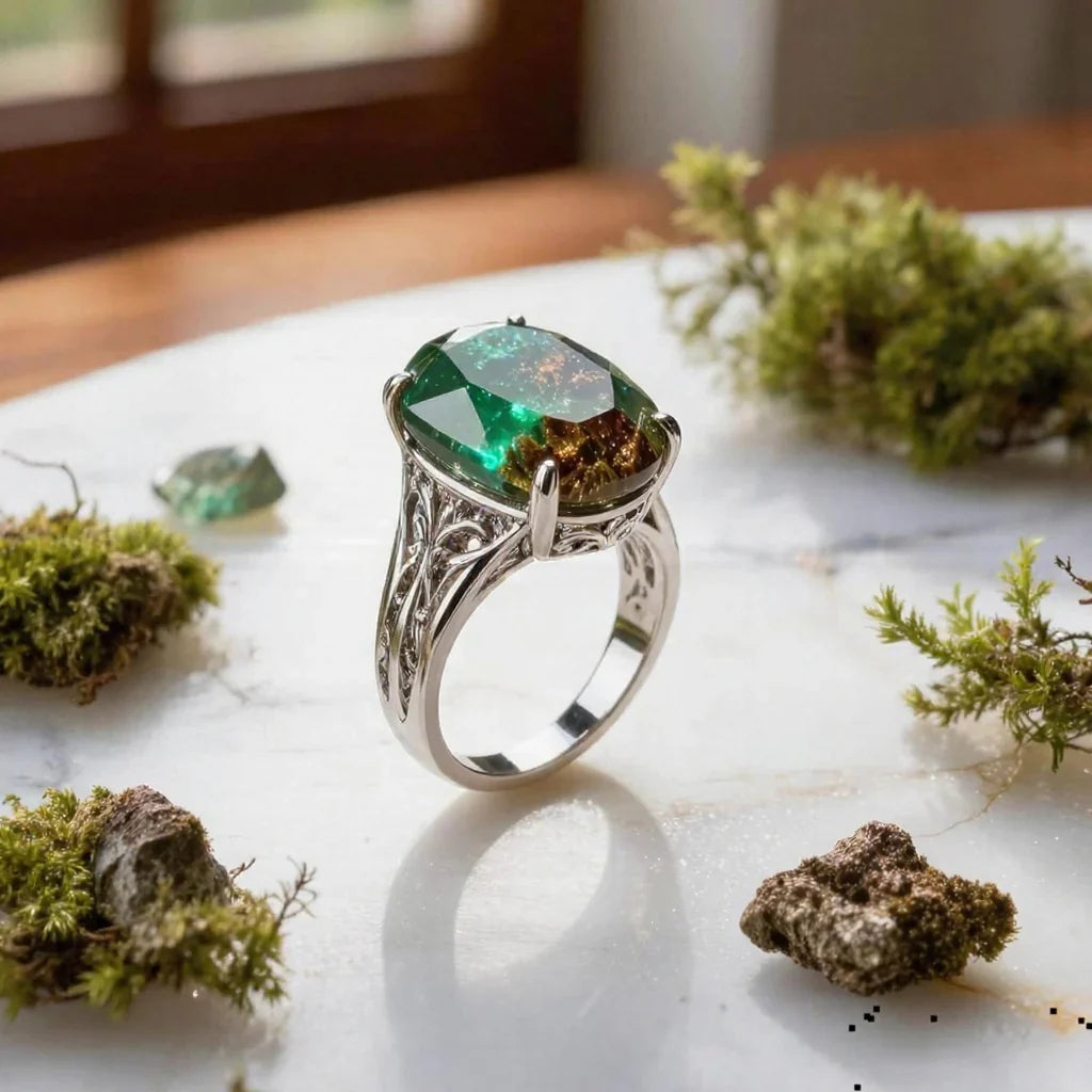 A vintage-inspired moss agate ring with an intricate filigree silver band, showcasing natural green dendritic inclusions, surrounded by decorative dried moss.