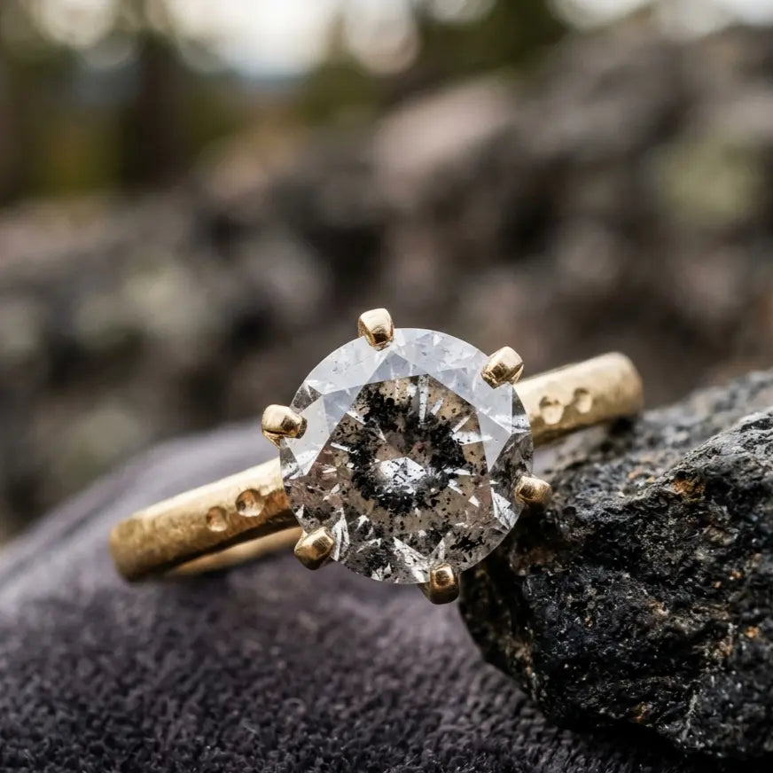 Salt and Pepper Diamond Engagement Ring Showing Natural Black and White Inclusions
