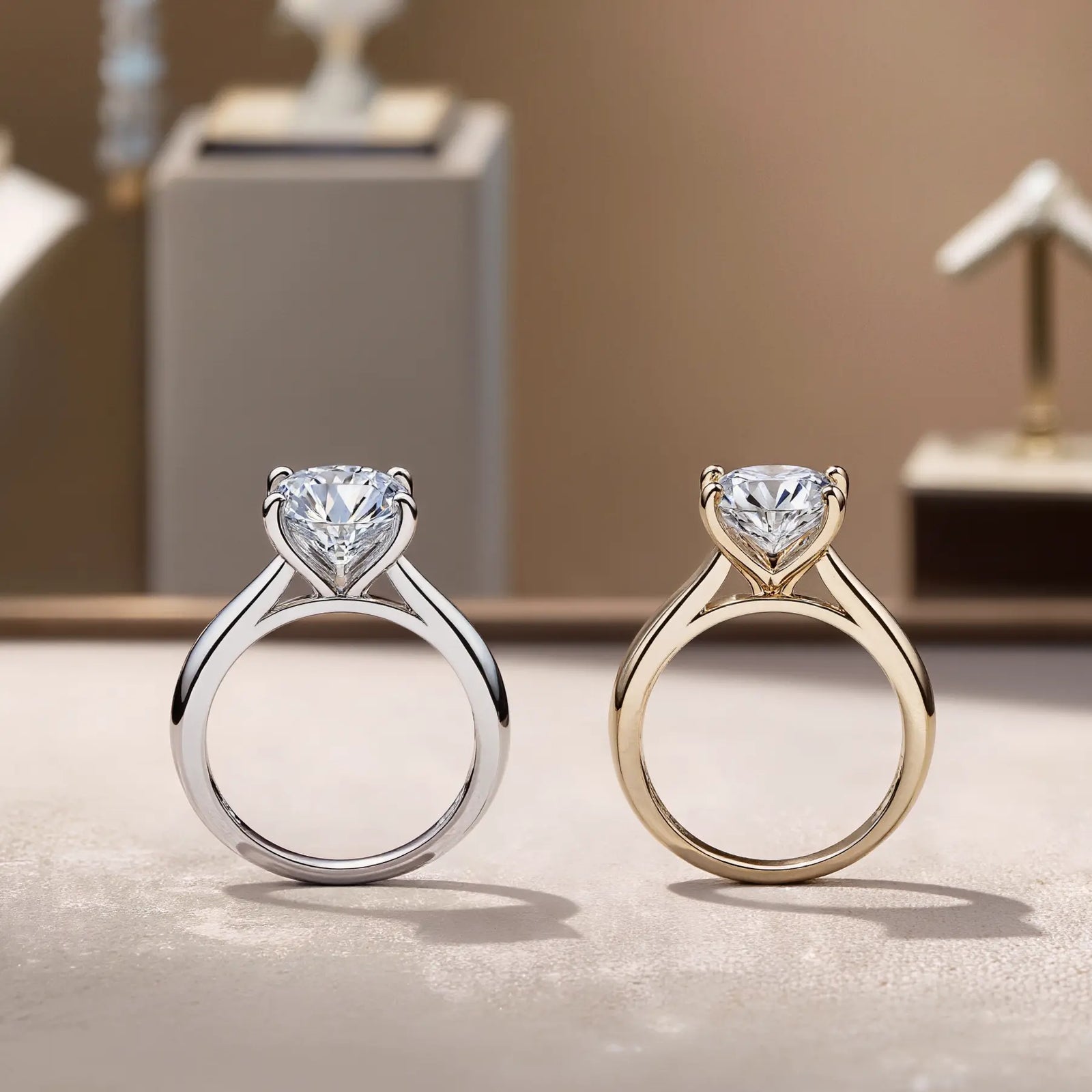 White Sapphire vs Diamond Engagement Rings Comparison Showing Sparkle, Setting and Metal Differences
