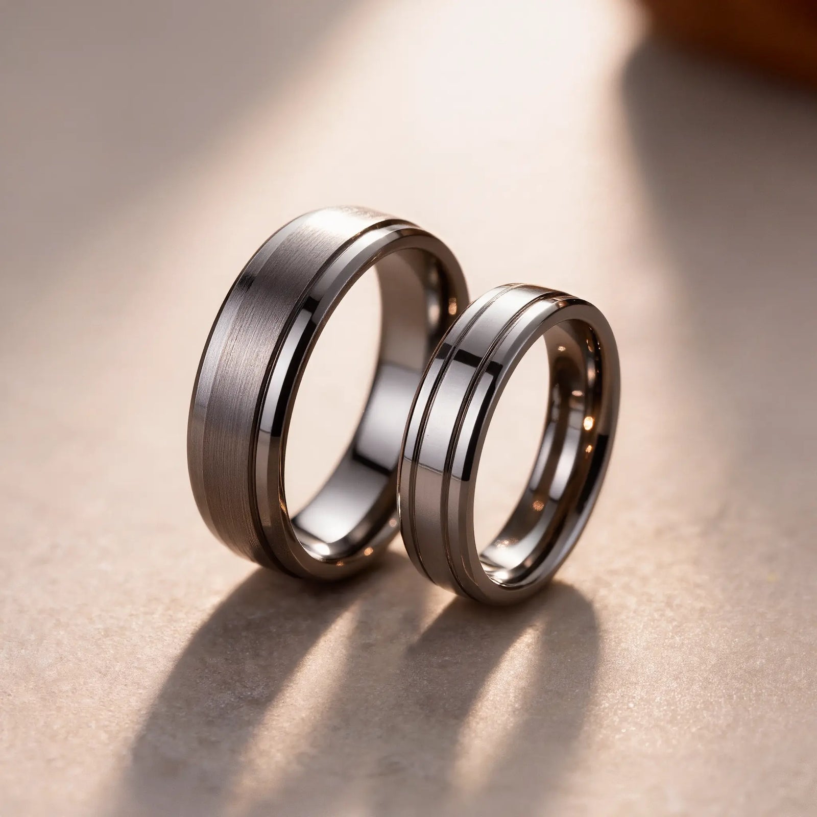 Tungsten Couple Rings Showing Matching Wedding Band Set with Scratch Resistant Finish