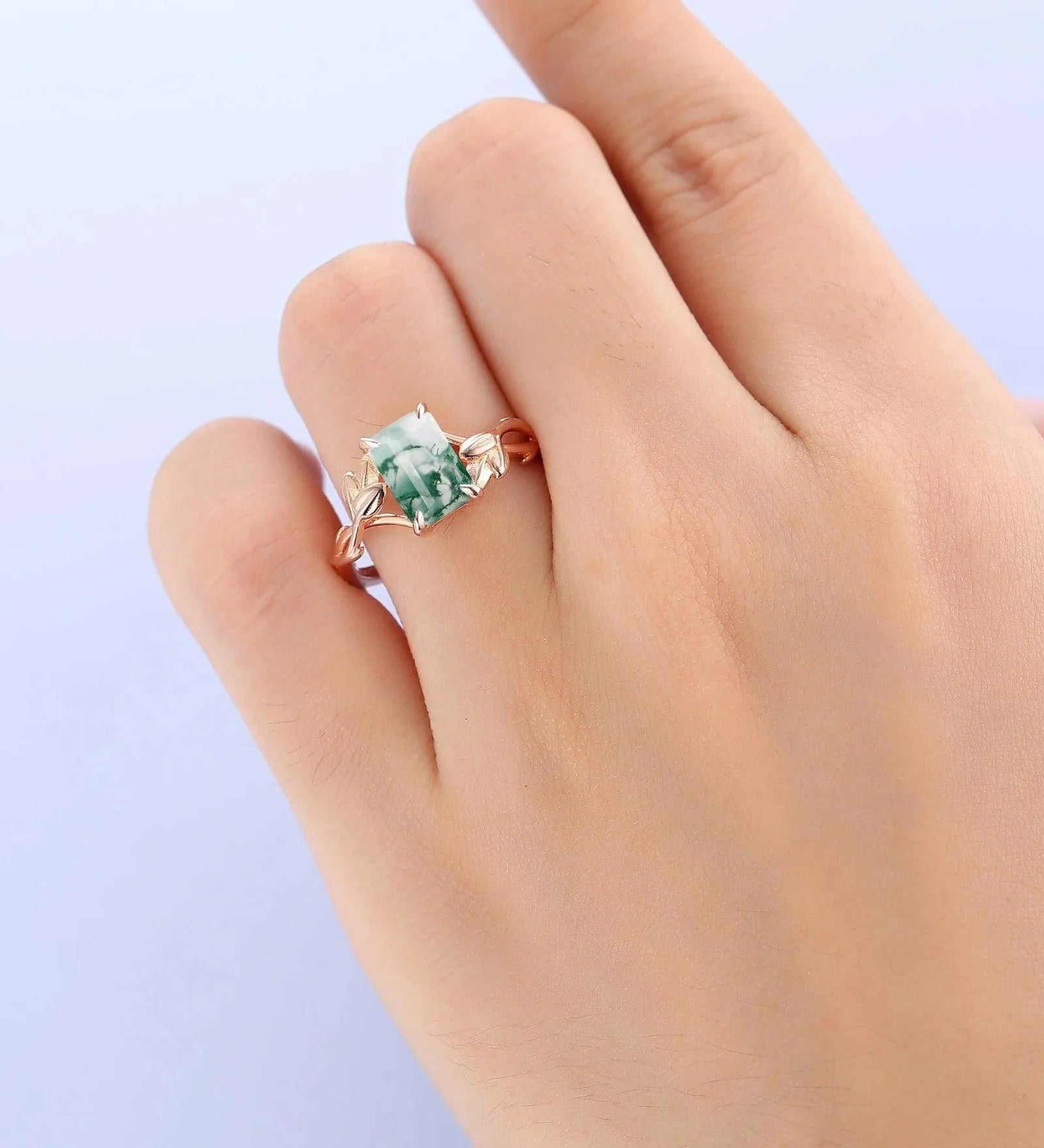 Embrace Elegance with a Leaf and Vine Moss Agate Engagement Ring