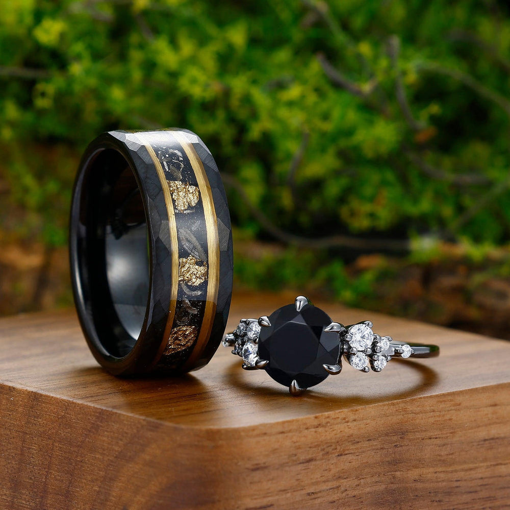 0.5CT Round Cut Natural Black Onyx Engagement Moissanite Inlaid His and Hers Wedding Ring - Esdomera