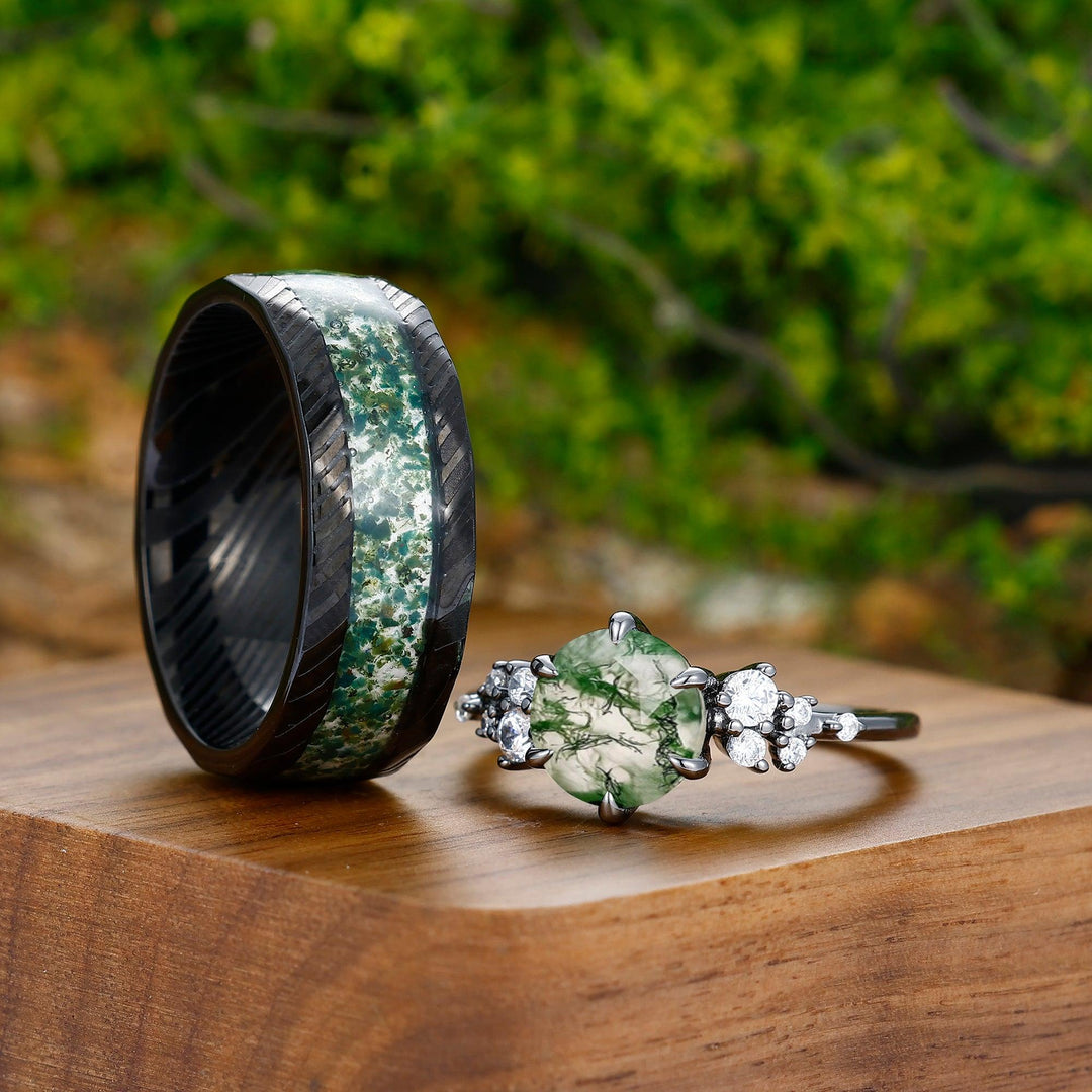 0.5CT Round Cut Natural Moss Agate Engagement His And Hers Wedding Ring - Esdomera