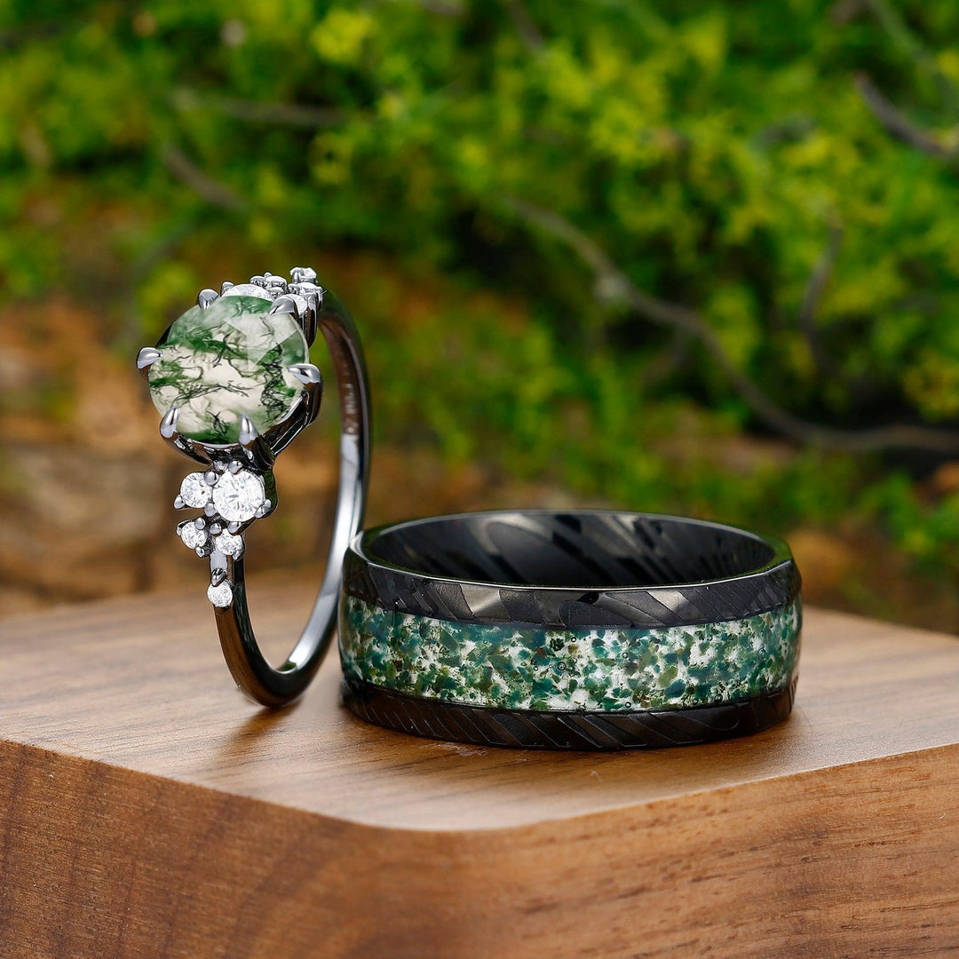 0.5CT Round Cut Natural Moss Agate Engagement His And Hers Wedding Ring - Esdomera