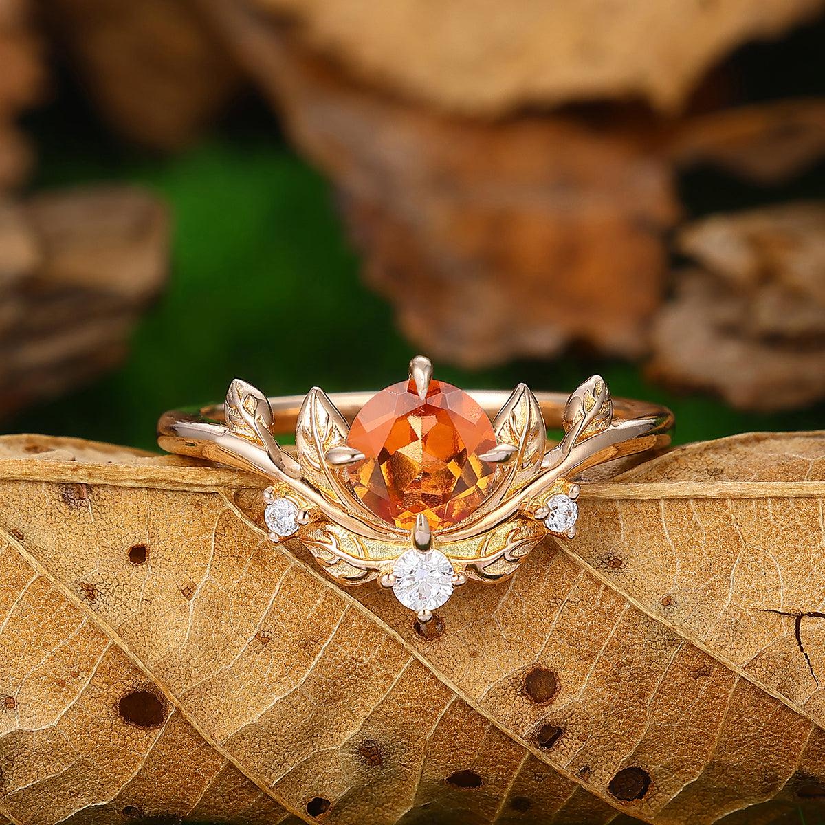 0.8 ct Leaf Vines twist 14k Solid Gold Round Cut Natural Orange Garnet Promise Ring - Esdomera