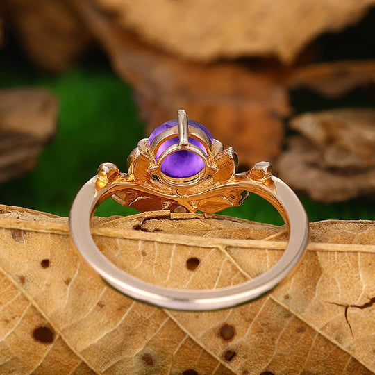 0.8 CT Round Cut Art Deco Natural Inspired Leaf Curved Natural Amethyst Ring - Esdomera